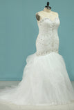 Mermaid Beaded Bodice Wedding Dresses Sweetheart Tulle Sweep Train