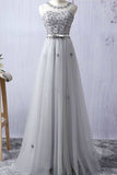 Elegant Evening Dresses A-Line Scoop Floor-Length Tulle Zipper Back