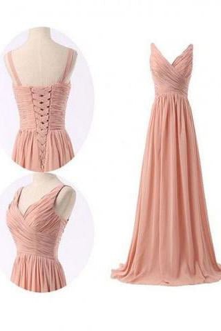 Simple V-neck Ruffles Long Chiffon Bridesmaid Dresses JS466