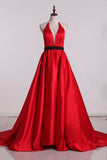 Satin A Line Prom Dresses Halter With Beads Open Back