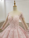 Elegant Ball Gown Pink Long Sleeves Appliques Prom Dresses, Quinceanera SJS20482