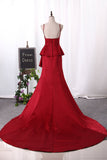 Spaghetti Straps Mermaid Open Back Satin Court Train Prom Dresses