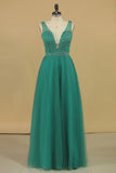 A Line V Neck Prom Dresses Tulle With Beading Floor Length