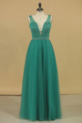 A Line V Neck Prom Dresses Tulle With Beading Floor Length