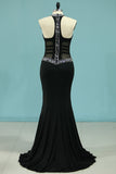 Scoop Mermaid Prom Dresses Spandex With Beading Sweep Train