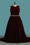 Spaghetti Straps A Line Velvet Prom Dresses With Beading Sweep Train