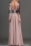 Deep V neck Prom Dress Fashion Long Sleeves Appliques Black And Pink Chiffon Prom Dress JS138