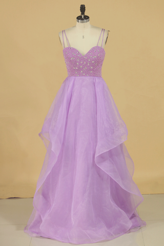 A Line Prom Dresses Beaded Bodice Spaghetti Straps Organza Floor Length