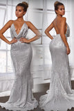 Sexy Mermaid Deep Neck Halter Backless Sequins Prom Dresses Long Formal Dresses SJS15338