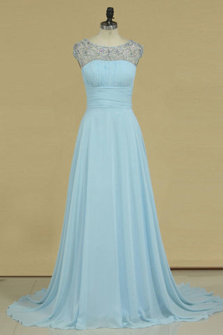 A Line Prom Dresses Scoop Chiffon With Ruffles And Beads