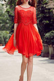 A Line Scoop Mid-Length Sleeves Homecoming Dresses Chiffon Knee Length