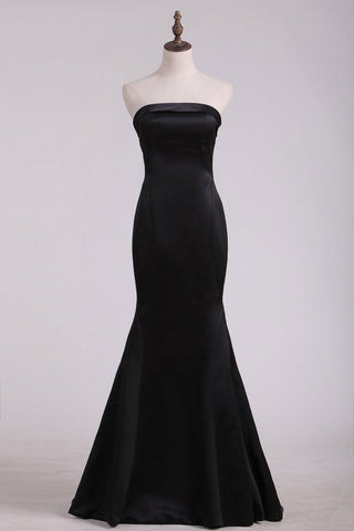 Black Satin Floor Length Evening Dresses Strapless With Bow Knot