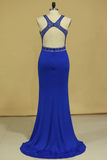 Dark Royal Blue Open Back Prom Dresses Scoop Spandex With Beading And Slit Sweep Train