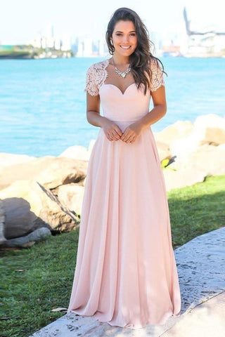 Blush Pink Sweetheart Maxi Dresses Open Back Lace Sleeve Beach Wedding Guest Dresses SJS15566