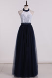 Halter With Beading A Line Prom Dresses Tulle & Lace Floor Length