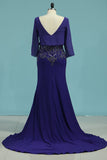 Prom Dresses V Neck 3/4 Length Sleeves Mermaid With Beads Satin & Chiffon