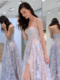 Charming Sweetheart Strapless Lace Appliques Lilac Prom Dresses with SJS15632