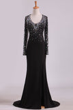 Open Back Long Sleeves With Beading And Slit Prom Dresses Sweep Train Spandex