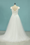 A Line Bateau Short Sleeves Satin & Tulle With Beads Wedding Dresses