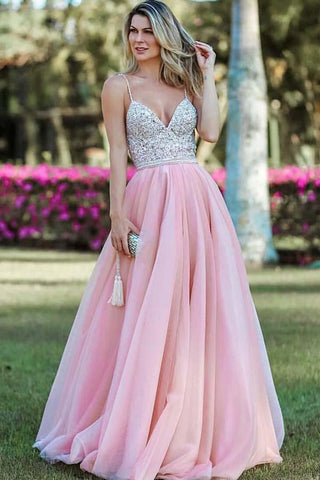 Spaghetti Straps Prom Dresses Beaded Bodice Tulle Floor Length Open Back