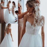 Elegant Tulle Spaghetti Straps V Neck Beaded Appliqued A-line Wedding Dresses SJS15208