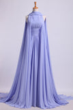 High Neck Pleated Bodice Prom Dresses A-Line Chiffon Sweep Train