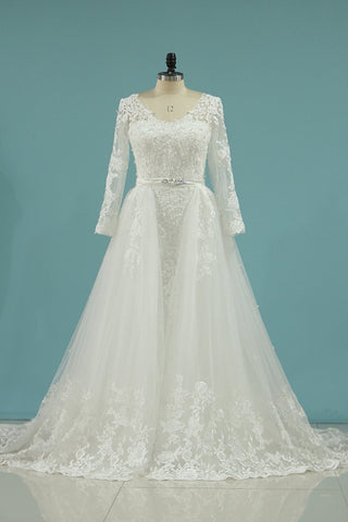 Wedding Dresses V Neck Sheath With Applique Long Sleeves Detachable Train