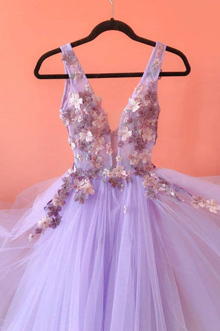 Lilac Tulle A-Line V-Neck Formal Evening Dresses Appliques Long Prom Dresses