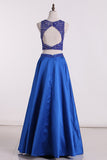 Two-Piece Scoop Open Back A Line Prom Dresses Satin With Beads