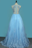 A Line V Neck Prom Dresses Tulle With Applique And Beads Sweep Train