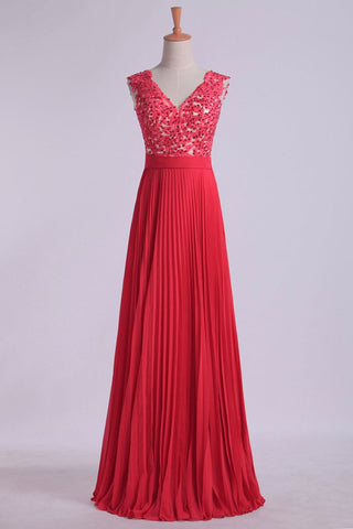 V Neck Prom Dress Appliqued Bodice Ruched Waistband Flowing Chiffon Skirt