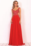 Chiffon Straps Beaded Bodice A Line Open Back Sweep Train Prom Dresses