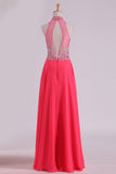 High Neck Prom Dresses A Line Chiffon With Beading Sweep Train