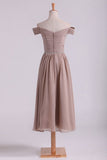 Off The Shoulder Bridesmaid Dresses A-Line Tea Length Chiffon