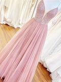 A Line Spaghetti Straps V Neck Rose Pink Tulle Prom Dresses Beaded Bodice Formal Dress SJS15033