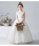 White V-Neck Sleeveless Mesh Flower Girl Dresses