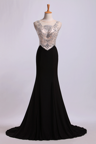 Bateau Prom Dresses Sheath/Column Spandex With Beads Sweep Train