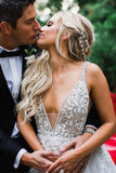 Elegant A Line Illusion Beads V Neck Tulle Long Backless Wedding Dresses, Prom Dresses SJS15510