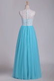 A Line Scoop Floor Length Prom Dresses Tulle & Lace