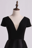 Open Back V-Neck Short Sleeve A-Line Satin Evening Dress Black Bodice Floor-Length