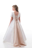 A Line Scoop Short Sleeves Flower Girl Dresses With Applique Satin