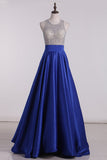 Open Back Scoop Beaded Bodice Prom Dresses A Line Satin