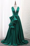 V Neck A Line Satin Prom Dresses With Slit Sweep Train