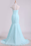 Mermaid Prom Dresses High Neck Chiffon With Applique And Beads Sweep Train