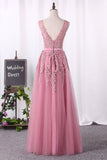 V Neck Prom Dresses A Line Tulle With Applique Open Back