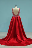 Satin V Neck Beaded Bodice Prom Dresses Sheath Court Train