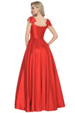 V-Neck Bubble Shoulder A-Line Satin Evening Dress Floor-Length