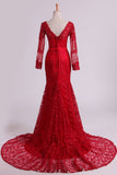 Red V-Neck Evening Dresses Mermaid With Applique Lace And Tulle