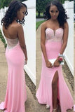 Sweetheart Beaded Bodice Spandex With Slit Sheath Prom Dresses