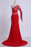 Long Dress One Sleeve Beaded Bodice Sheath/Column With Chiffon Skirt